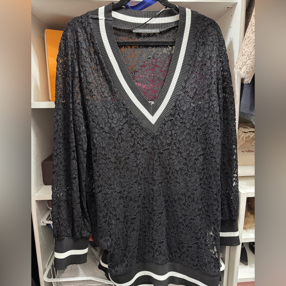 Zara Black Lace V-Neck Sweater with White Trim